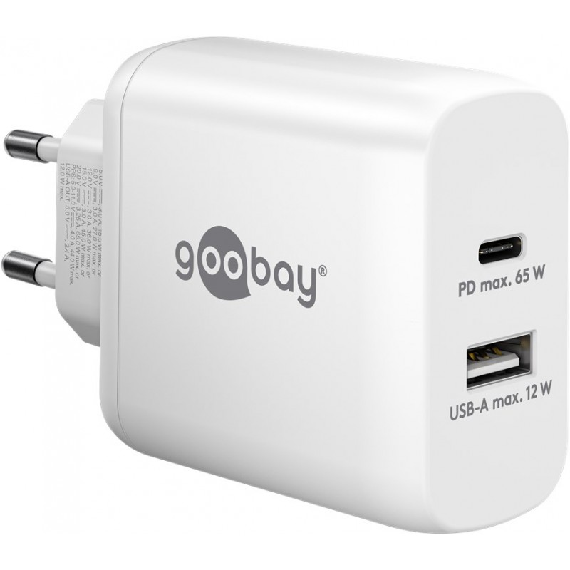 Laddare och kablar - Snabbladdande kompakt GaN strömadapter med USB-A och USB-C PD 65W svart/vit