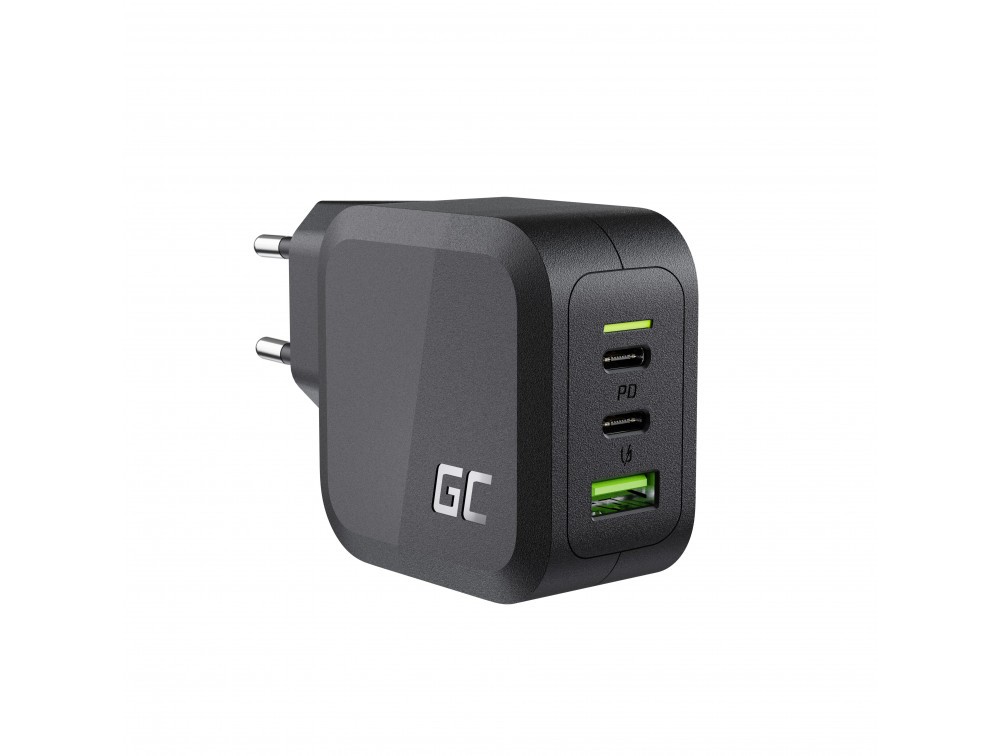 GreenCell AC-adapter väggladdare GaN 65W med 2 USB-C och 1 USB Black
