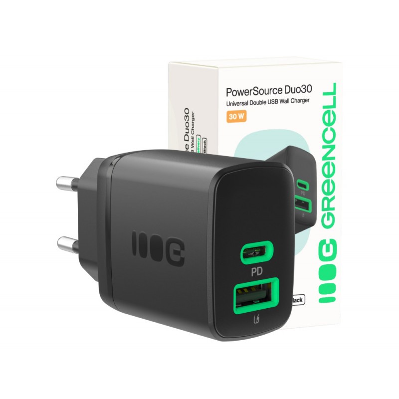 Väggladdare mobiltelefon - GreenCell snabbladdande USB-C och USB-A strömadapter 30W