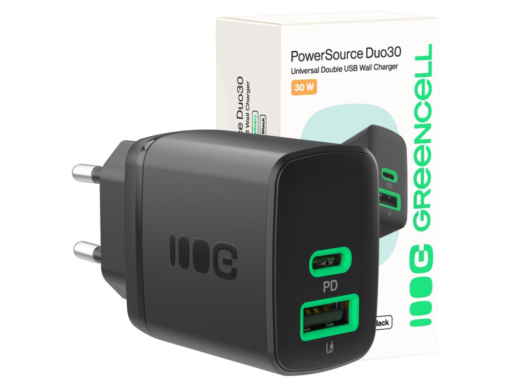 GreenCell snabbladdande USB-C och USB-A strömadapter 30W