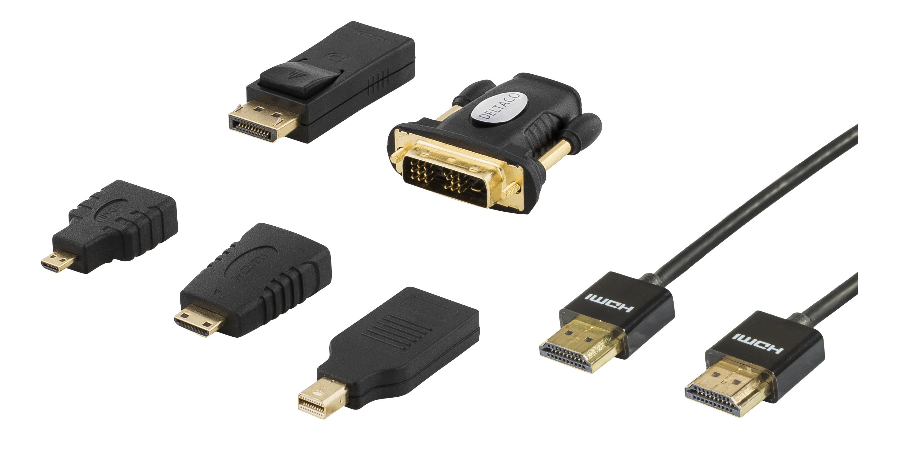 Set med flera olika adaptrar till HDMI inkl HDMI-kabel (DP/mDP/DVI/mHDMI)
