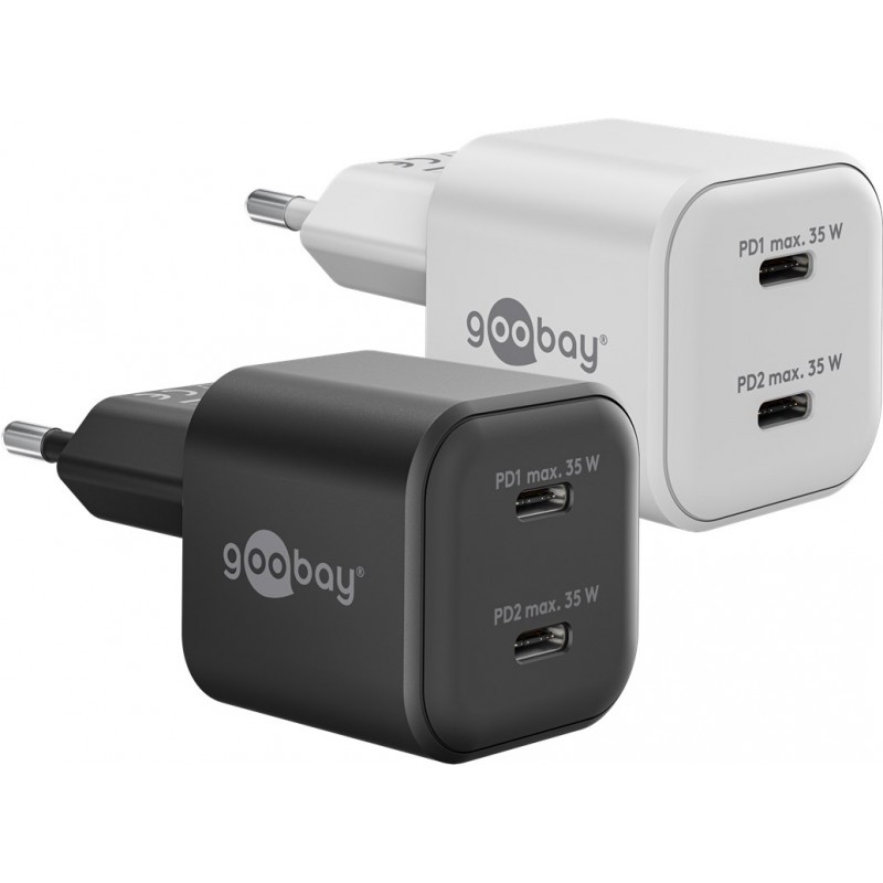 Laddare och kablar - Snabbladdande kompakt GaN strömadapter med 2x USB-C PD 35W svart/vit