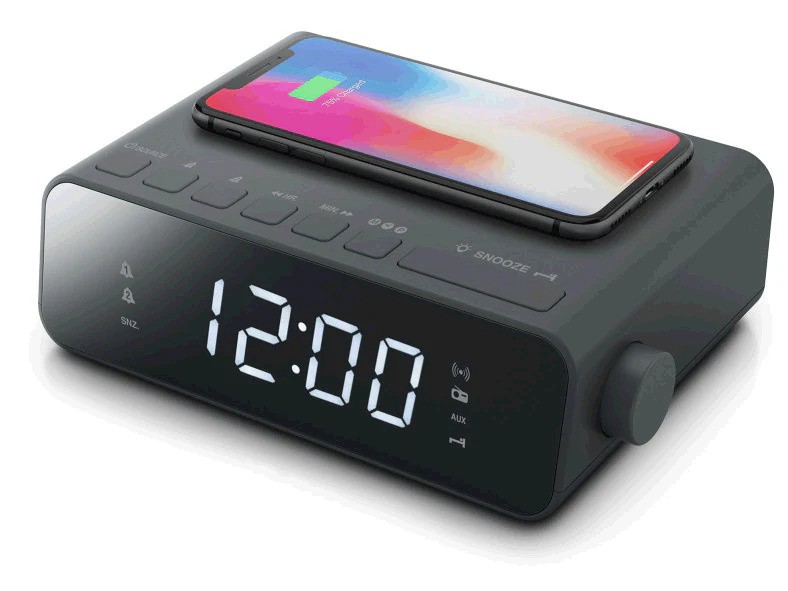Muse klockradio med trådlös laddare och USB-laddport