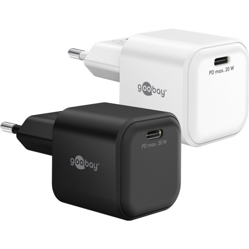 Snabbladdande GaN strömadapter med USB-C PD 20W svart/vit - Goobay-... Laddare och kablar - Snabbladdande GaN strömadapter med USB-C PD 20W svart/vit