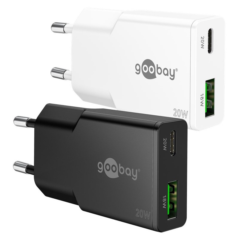 Laddare och kablar - Snabbladdande slim strömadapter med USB-A och USB-C PD 20W svart/vit GaN