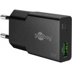 Snabbladdande kompakt GaN strömadapter med USB-A och USB-C PD 20W svart/vit