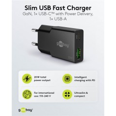 Laddare och kablar - Snabbladdande kompakt GaN strömadapter med USB-A och USB-C PD 20W svart/vit
