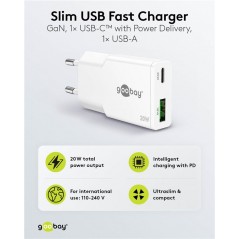Laddare och kablar - Snabbladdande slim strömadapter med USB-A och USB-C PD 20W svart/vit GaN
