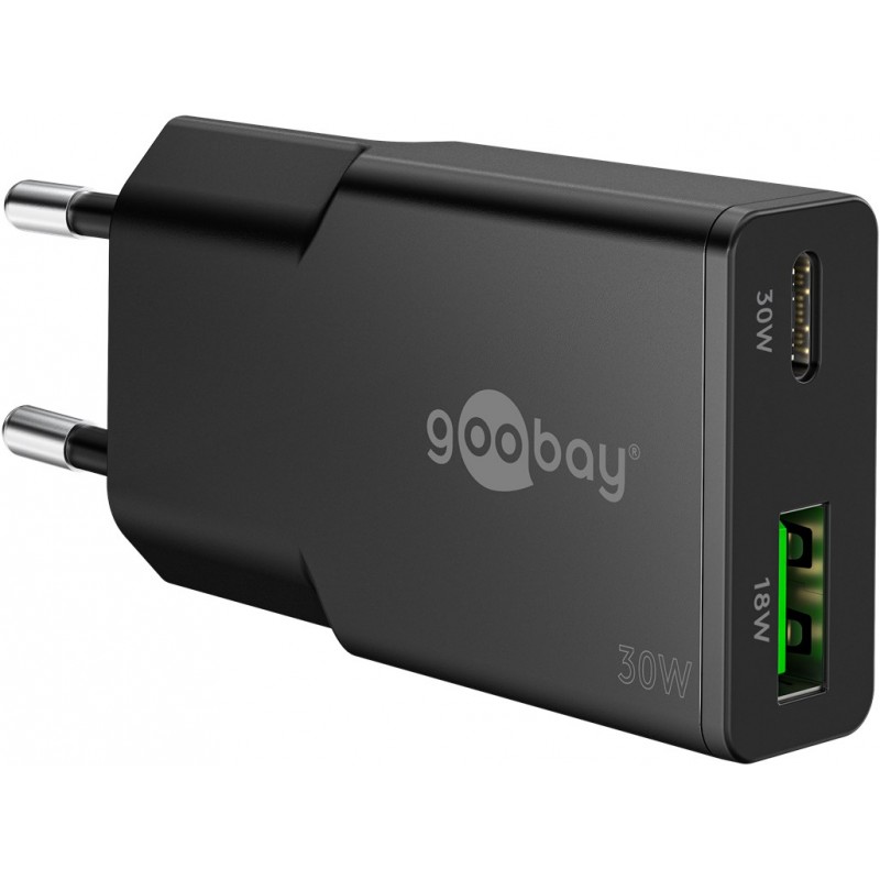 Laddare och kablar - Snabbladdande kompakt GaN strömadapter med USB-C PD 30W & USB-A svart/vit