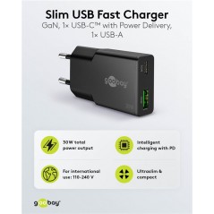 Laddare och kablar - Snabbladdande kompakt GaN strömadapter med USB-C PD 30W & USB-A svart/vit