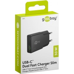 Laddare och kablar - Snabbladdande kompakt GaN strömadapter med USB-C PD 30W & USB-A svart/vit