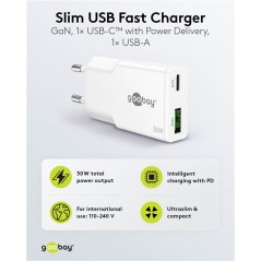 Laddare och kablar - Snabbladdande kompakt GaN strömadapter med USB-C PD 30W & USB-A svart/vit