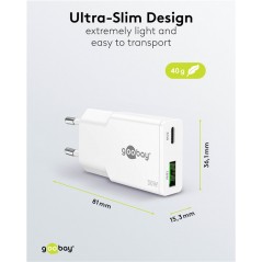 Laddare och kablar - Snabbladdande kompakt GaN strömadapter med USB-C PD 30W & USB-A svart/vit