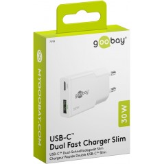Laddare och kablar - Snabbladdande kompakt GaN strömadapter med USB-C PD 30W & USB-A svart/vit