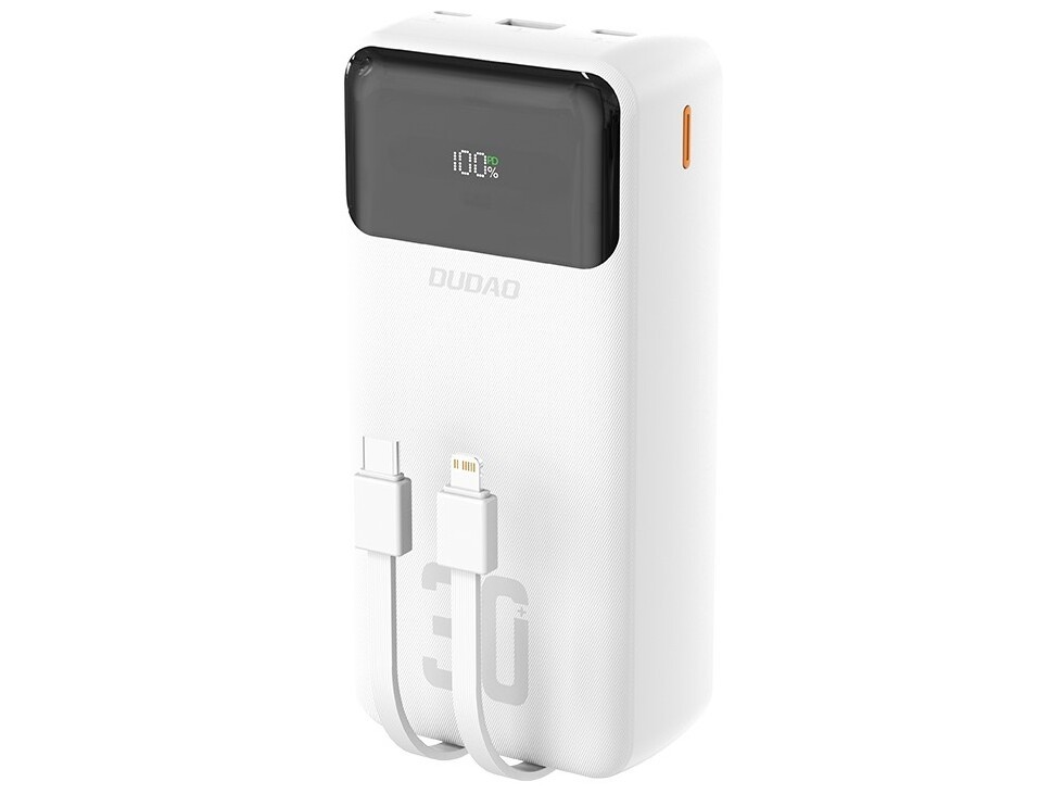 Dudao powerbank 30 000 mAh 22.5W med inbyggd Lightning- och USB-C-kabel