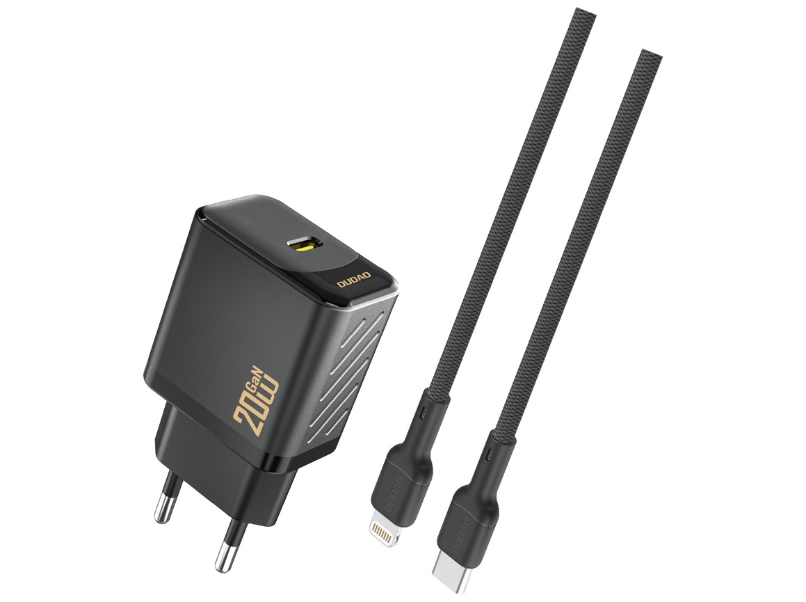 Dudao 20 Watt AC-adapter väggladdare med USB-C samt 1 meters Lightning-kabel (svart)