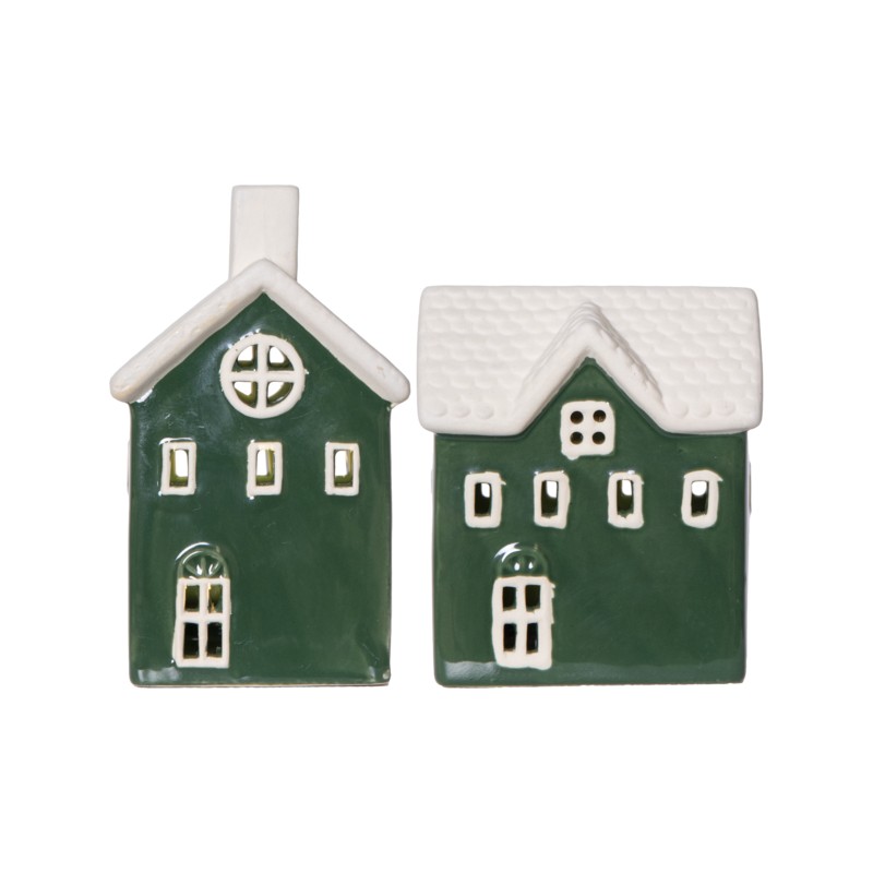 Julsaker och julpynt - 2-pack grönt keramiskt hus 15 cm med belysning juldekoration
