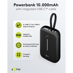 Portabla batterier - Goobay powerbank 10000 mAh 20W med inbyggd USB-C-kabel och 1x USB-C, 1x USB