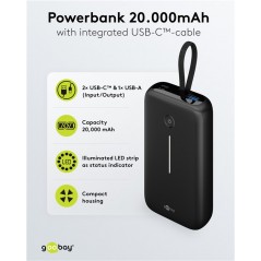 Portabla batterier - Goobay powerbank 20000 mAh 30W med inbyggd USB-C-kabel och 1x USB-C, 1x USB