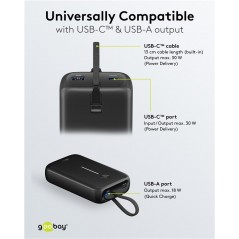 Portabla batterier - Goobay powerbank 20000 mAh 30W med inbyggd USB-C-kabel och 1x USB-C, 1x USB