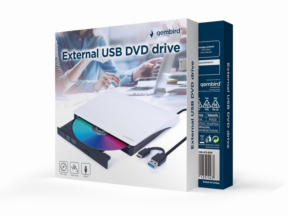 Gembird extern CD/DVD-brännare med USB-anslutning (USB 3.1 Gen 1) vit