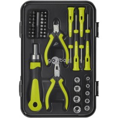 Goobay verktygsset i totalt 49 delar med skruvmejslar, tänger, bits, m.m.