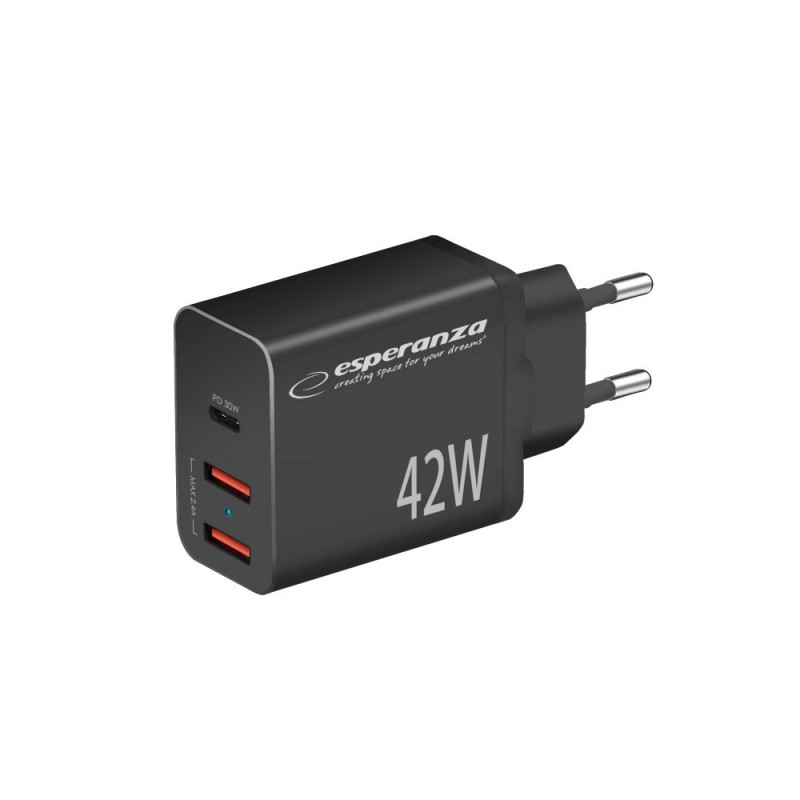 Väggladdare mobiltelefon - Esperanza 42 Watt AC-adapter väggladdare med 1x USB-C och 2x USB