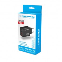 Väggladdare mobiltelefon - Esperanza 42 Watt AC-adapter väggladdare med 1x USB-C och 2x USB