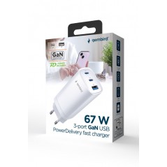 Väggladdare mobiltelefon - Gembird 65 Watt GaN AC-adapter väggladdare med 2x USB-C och 1x USB
