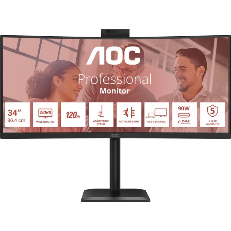 25 - 38" Datorskärm - AOC CU34E4CW 34" Välvd ultrabred skärm med USB-C PD 90W KVM-switch och webcam