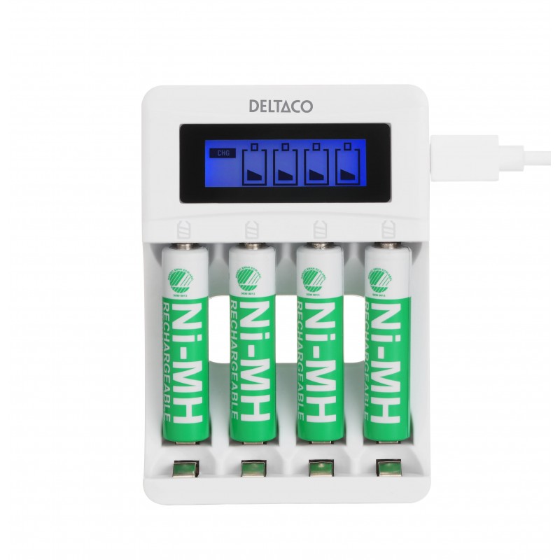 Batterier & batteritestare - Deltaco USB-driven batteriladdare (4-6h) inklusive 4x AAA-batterier
