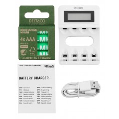 Batterier & batteritestare - Deltaco USB-driven batteriladdare (4-6h) inklusive 4x AAA-batterier