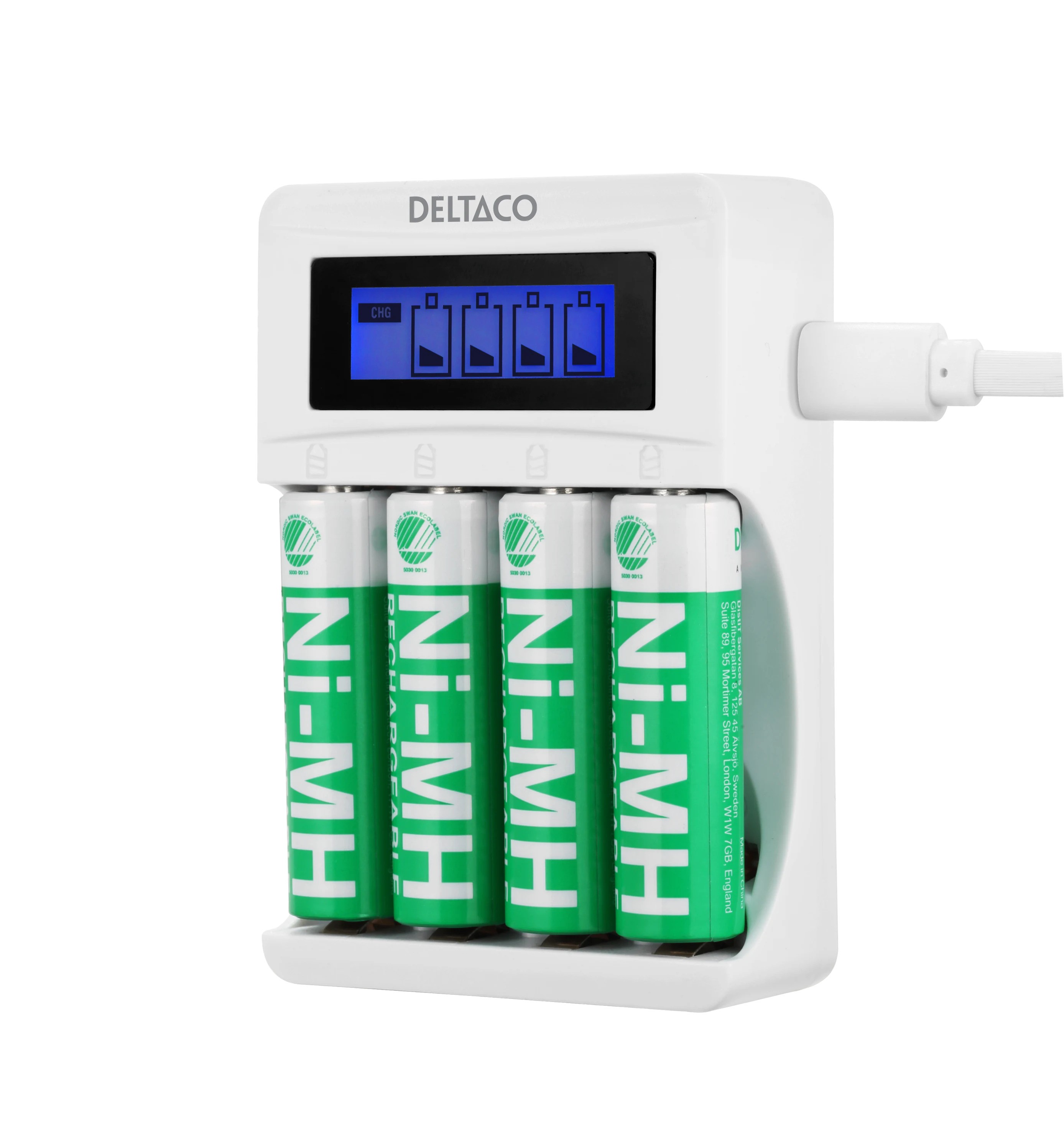 Deltaco USB-driven batteriladdare (4-6h) inklusive 4x AA-batterier