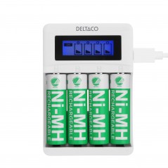 Deltaco USB-driven batteriladdare (4-6h) inklusive 4x AA-batterier