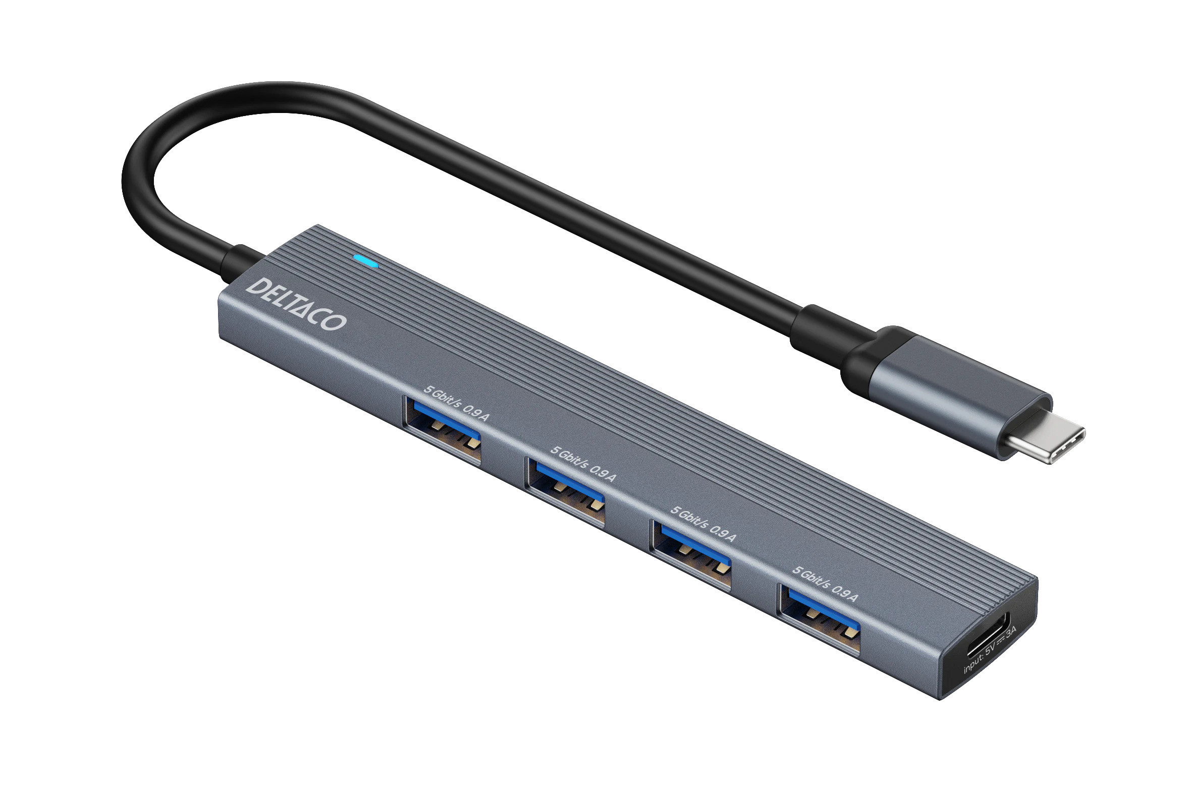 Deltaco USB-C-hubb i aluminium med 4 USB 3.0-portar
