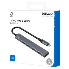 Deltaco USB-C-hubb i aluminium med 4 USB 3.0-portar