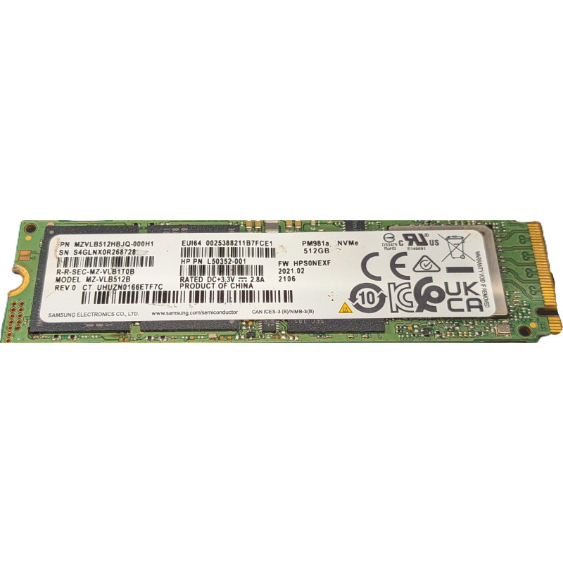 Begagnade hårddiskar - Samsung PM981a 512 GB PCIe Gen 3 x4 M.2 2280 NVMe SSD-hårddisk (beg)
