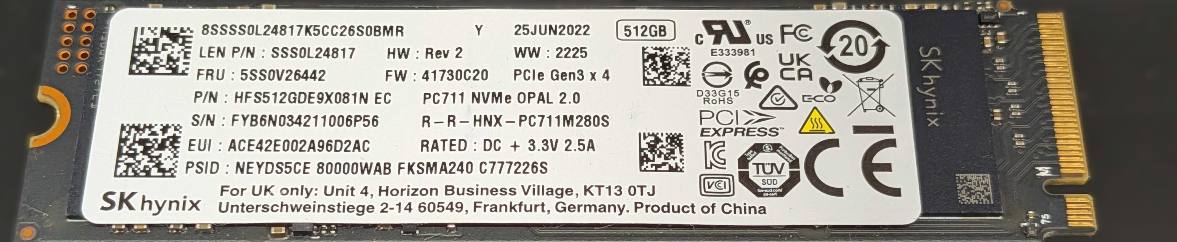 SK Hynix PC711 512 GB PCIe Gen 3 x4 3D-NAND TLC M.2 2280 NVMe SSD-hårddisk
