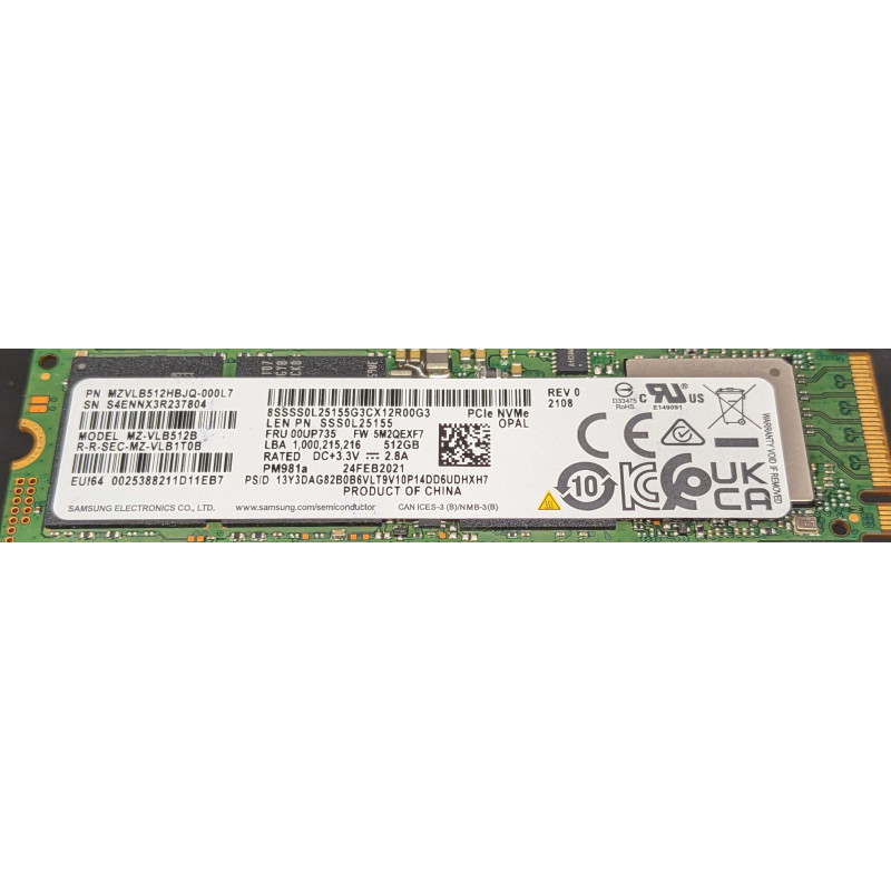 Begagnade hårddiskar - Samsung PM981a 512 GB PCIe Gen 3 x4 M.2 2280 OPAL NVMe SSD-hårddisk (beg)