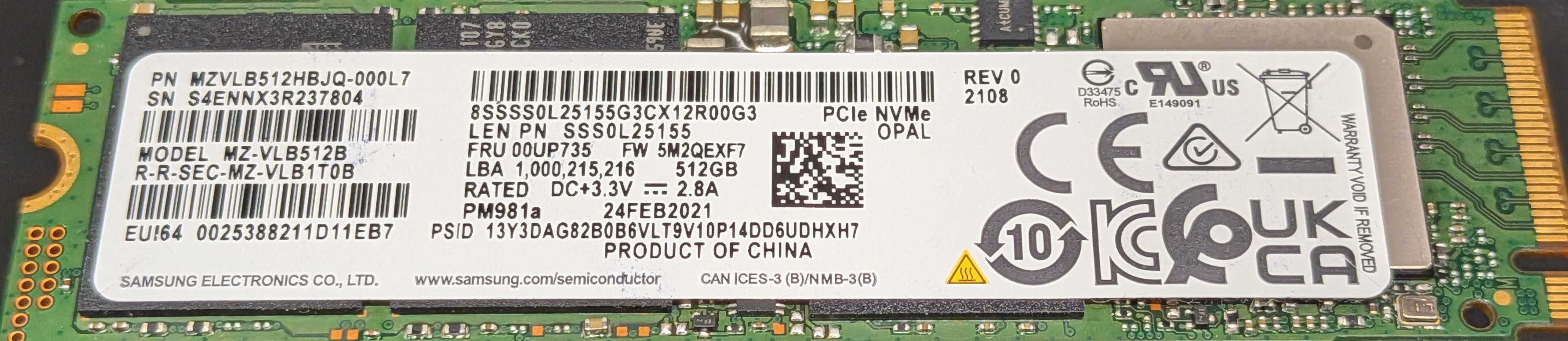 Samsung PM981a 512 GB PCIe Gen 3 x4 M.2 2280 OPAL NVMe SSD-hårddisk (beg)
