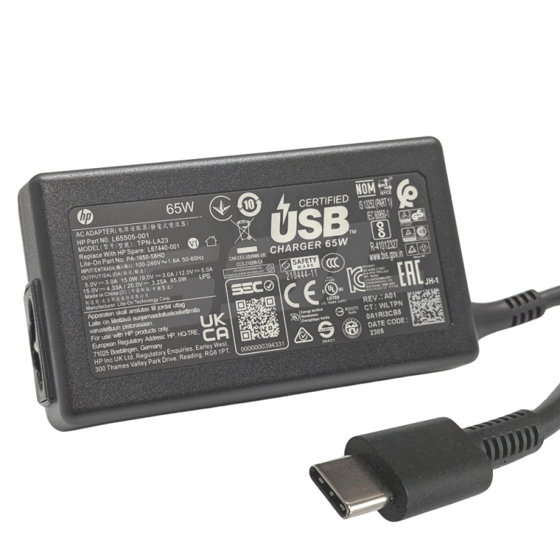 Laddare HP original 65W USB-C med strömkabel (ny) - OR65-UCHQD01N |... HP laddare - Laddare HP original 65W USB-C med strömkabel (ny)