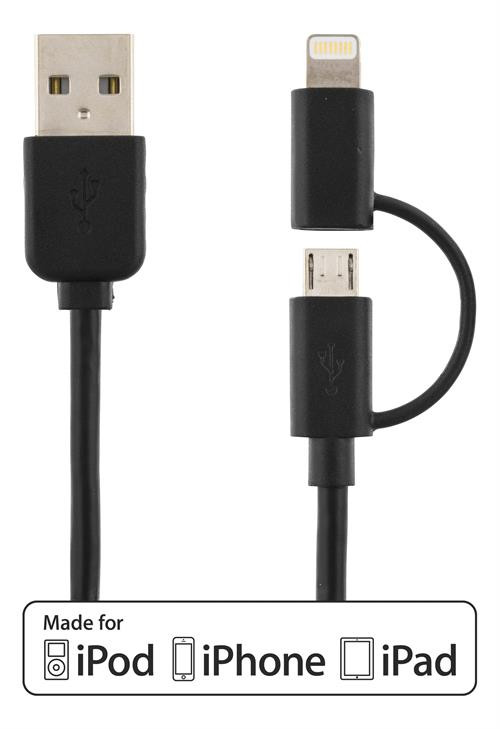 MFi-godkänd USB Lightning och microUSB laddkabel 1m