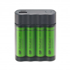 Batteri - GP USB-batteriladdare för AA/AAA och powerbank med 4st AA-batterier