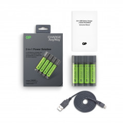 Batteri - GP USB-batteriladdare för AA/AAA och powerbank med 4st AA-batterier
